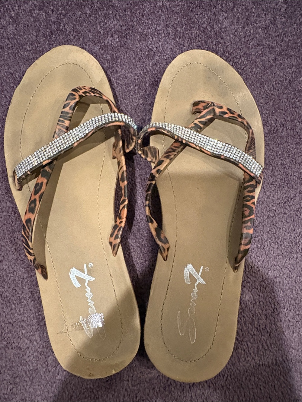 Seven7 Leopard Print Rhinestone Flip Flop Sandals - Brown
